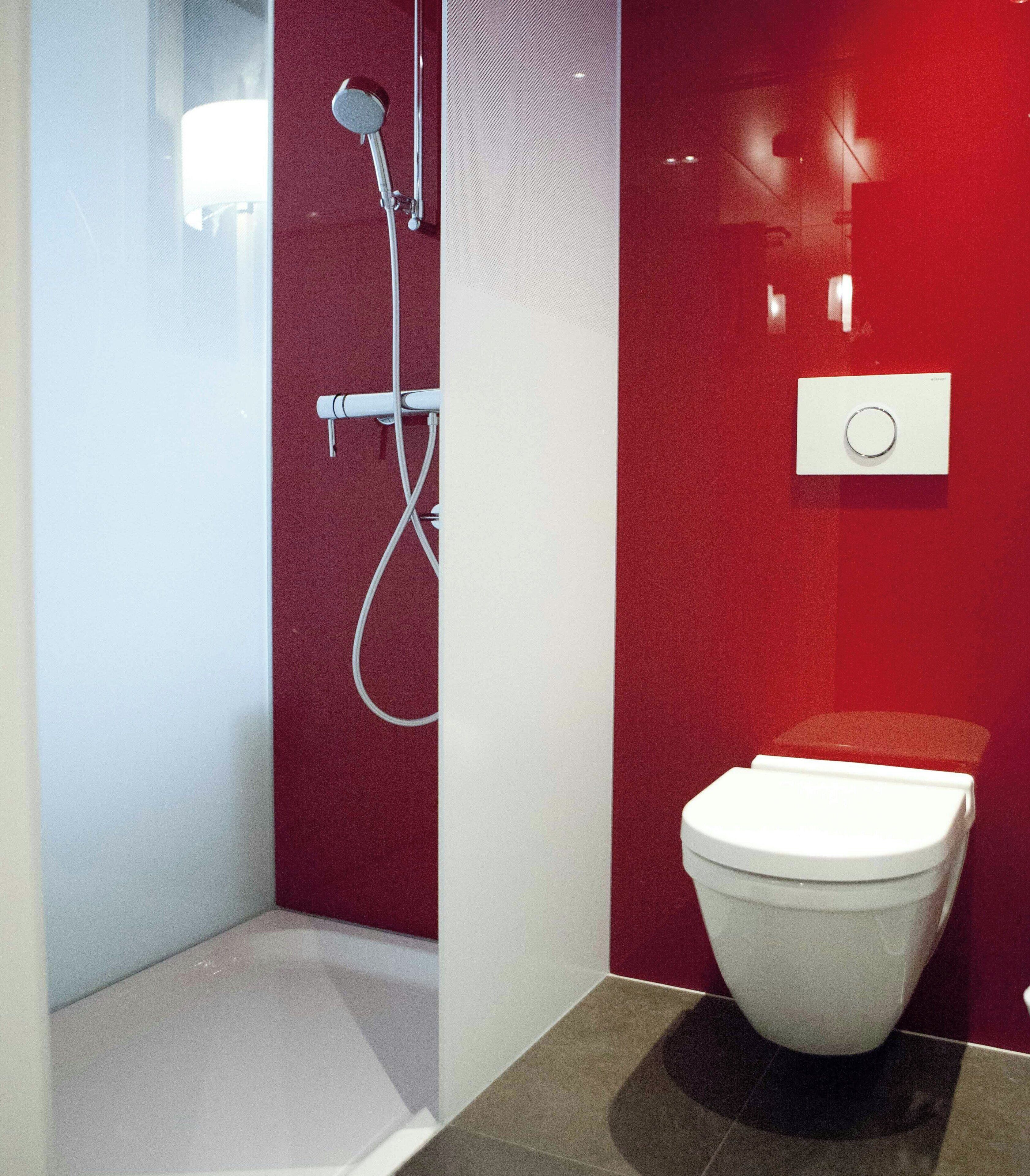 A bathroom with a white toilet, a shower with a handheld showerhead, and a red wall.