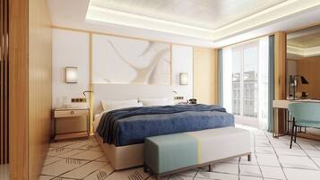 A modern hotel room with a large bed, bedside tables, a desk, and a view of the city.