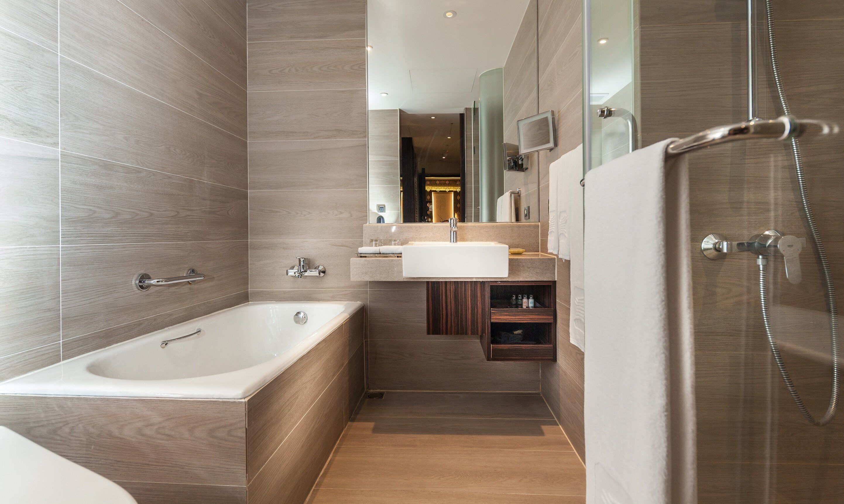 standard room, no windows | bathroom | separate bathtub and shower, rainfall showerhead, hair dryer, towels