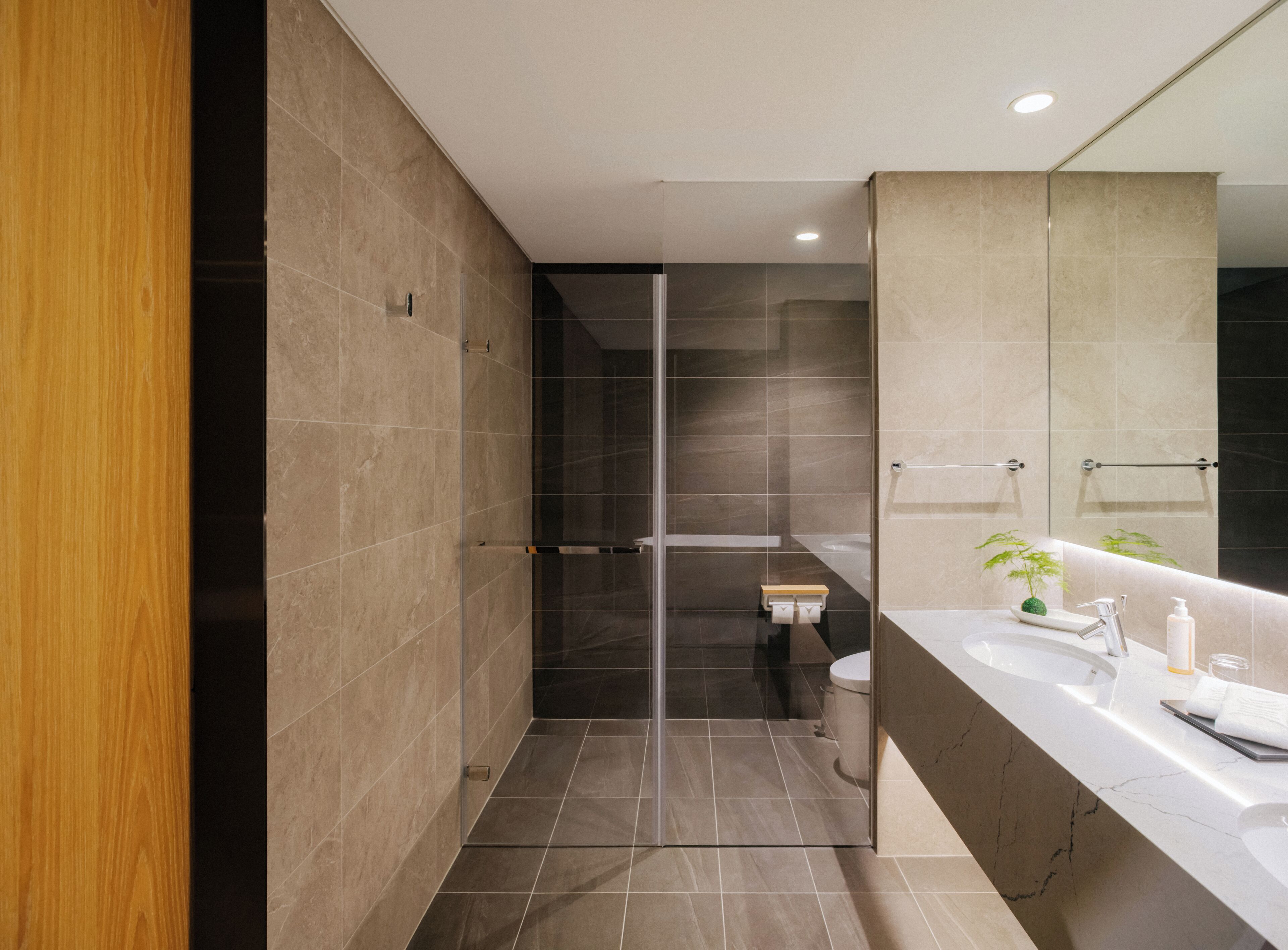 A modern bathroom with a glass shower enclosure, a wooden door, a large mirror, and a marble countertop.