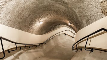A spiral staircase with a textured, cave-like ceiling and metal handrails.