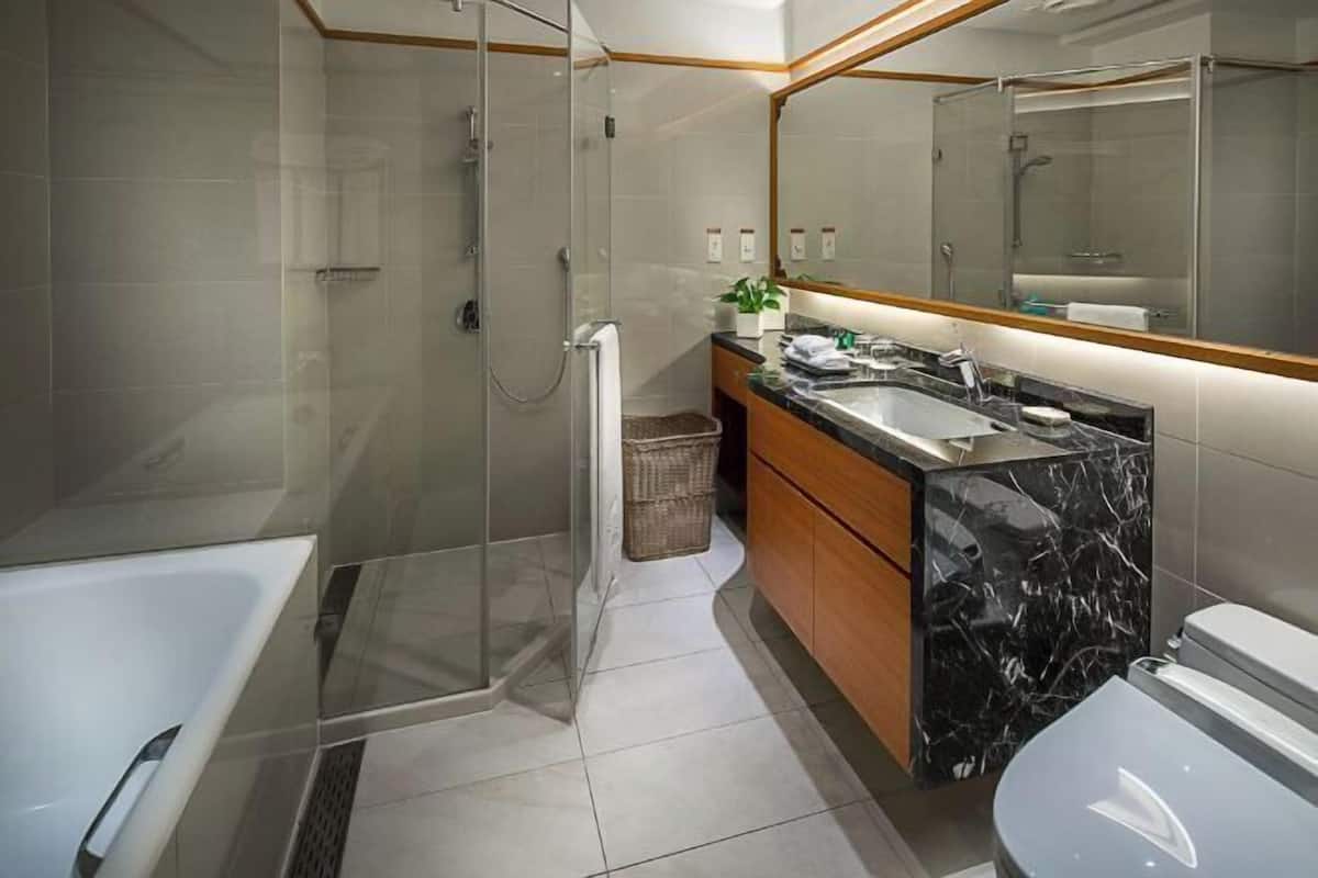 Separate tub and shower, rainfall showerhead, hair dryer, towels