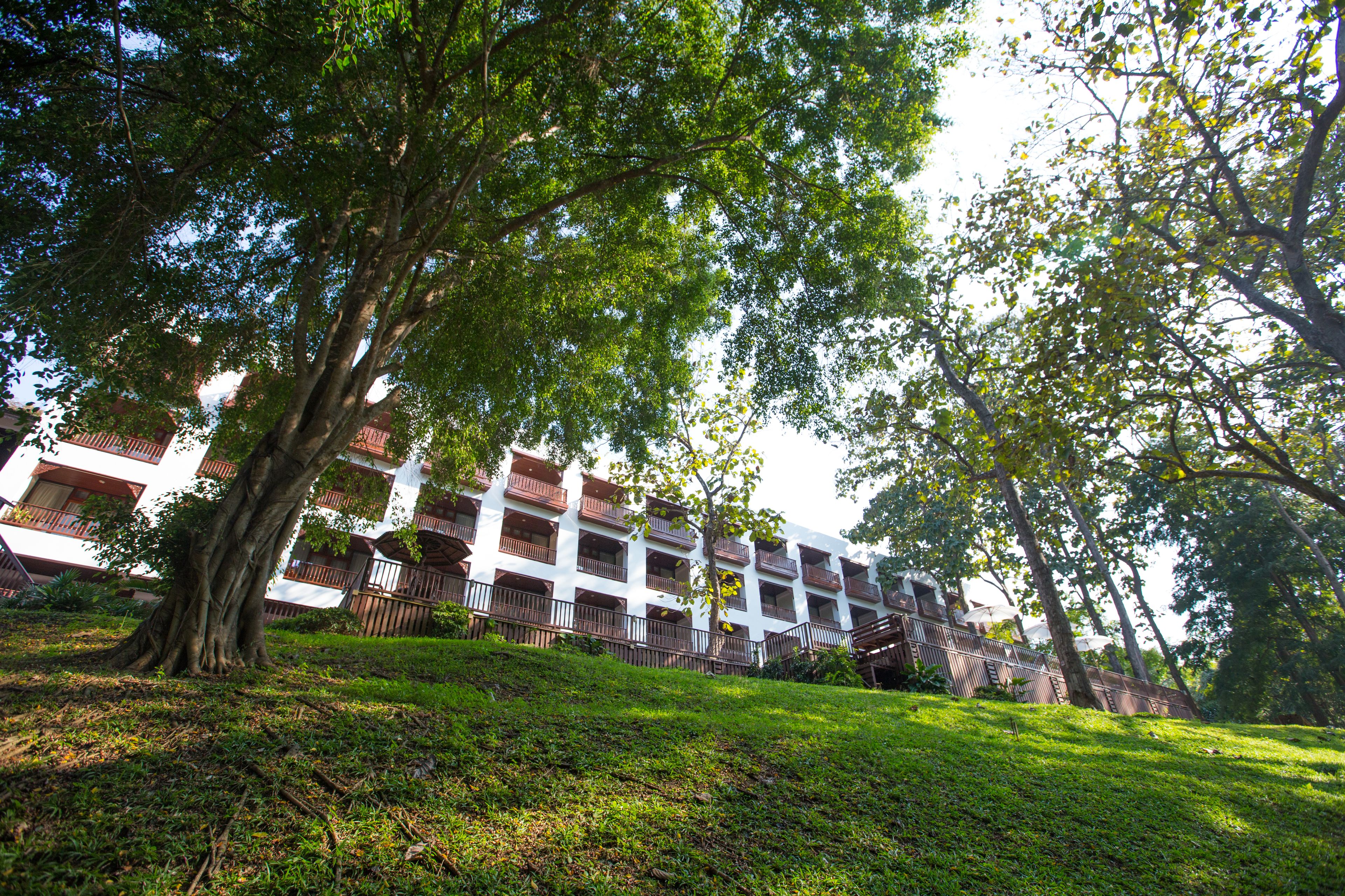 A multi-story building with balconies, surrounded by lush greenery and trees.
