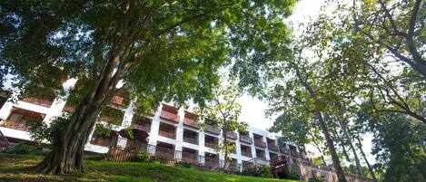 A multi-story building with balconies, surrounded by lush greenery and trees.