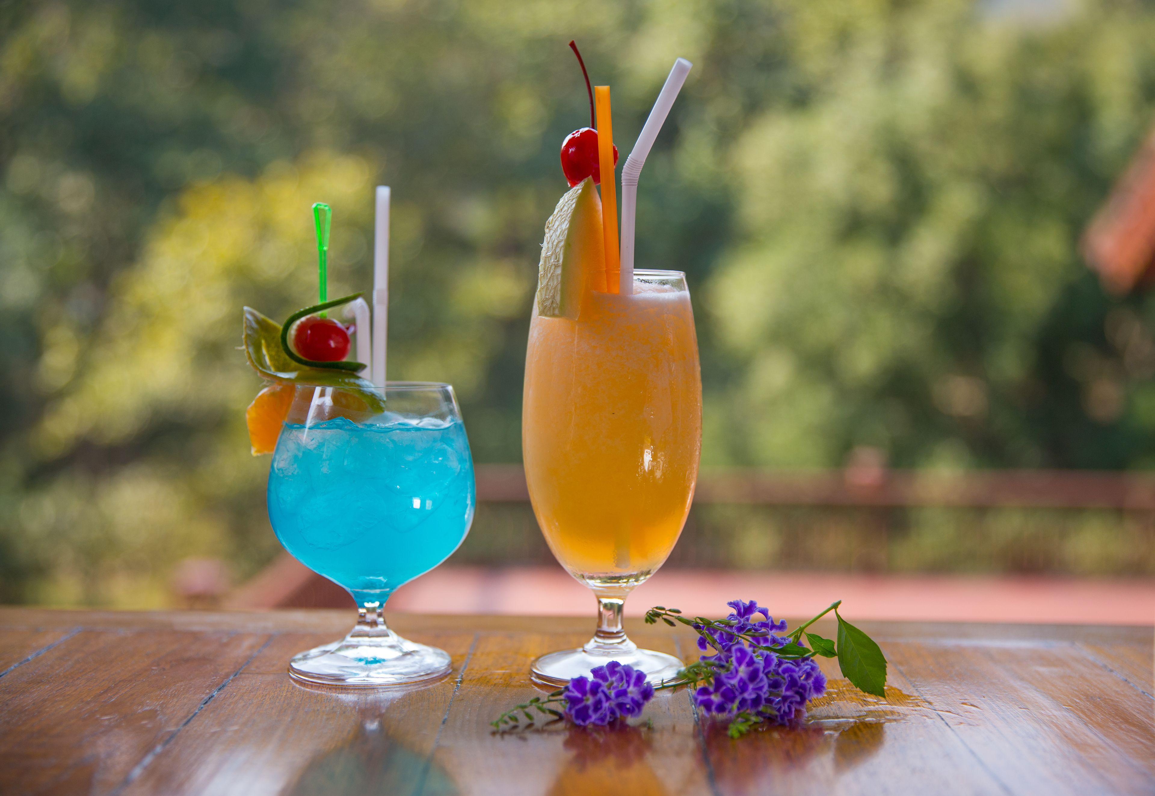 Two cocktails on a wooden table with a blurred outdoor background.