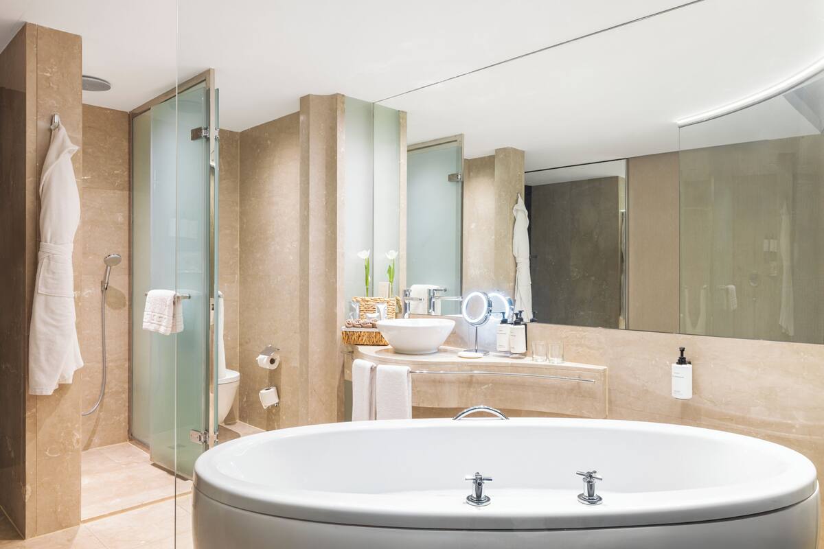 Separate tub and shower, hair dryer, bathrobes, slippers