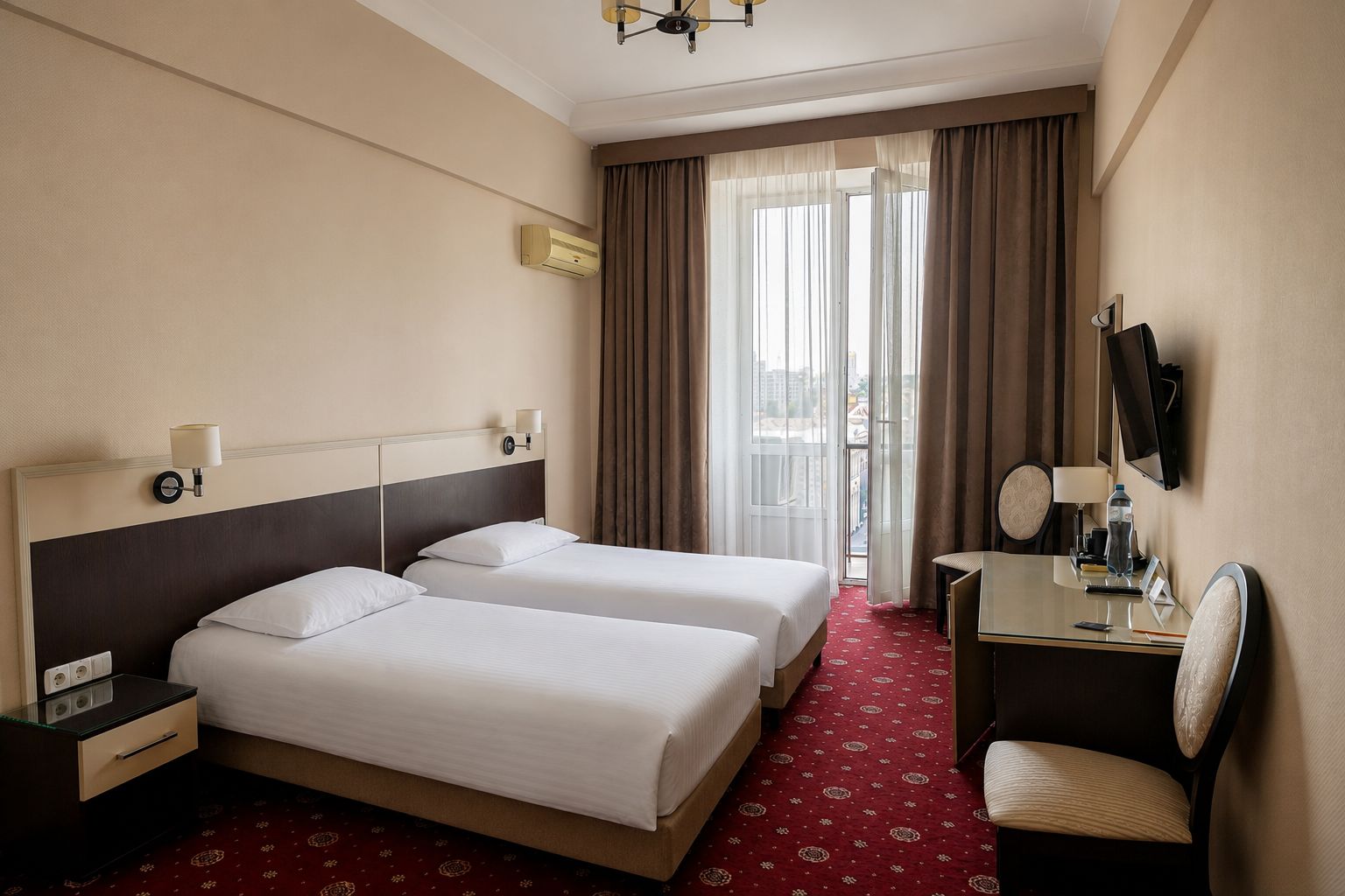 A hotel room with two beds, a desk with a chair, a TV, and a window with curtains.