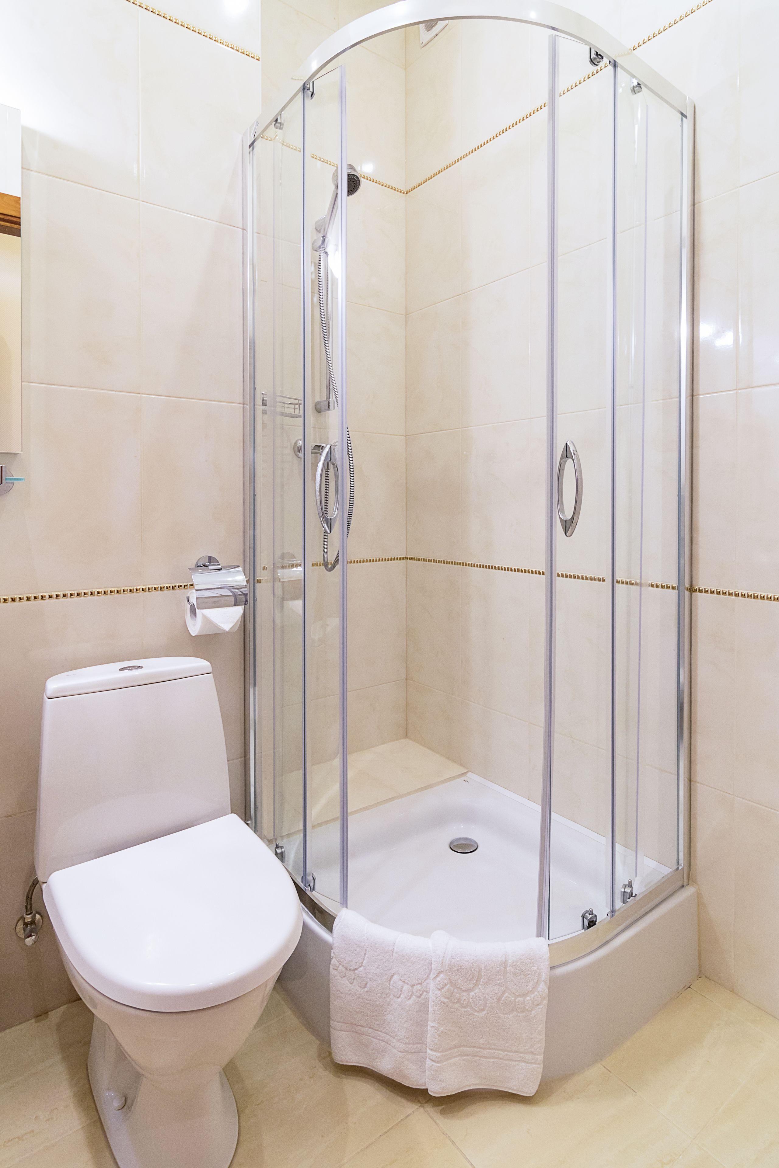 A shower enclosure with a glass door, a toilet, and a bathtub.