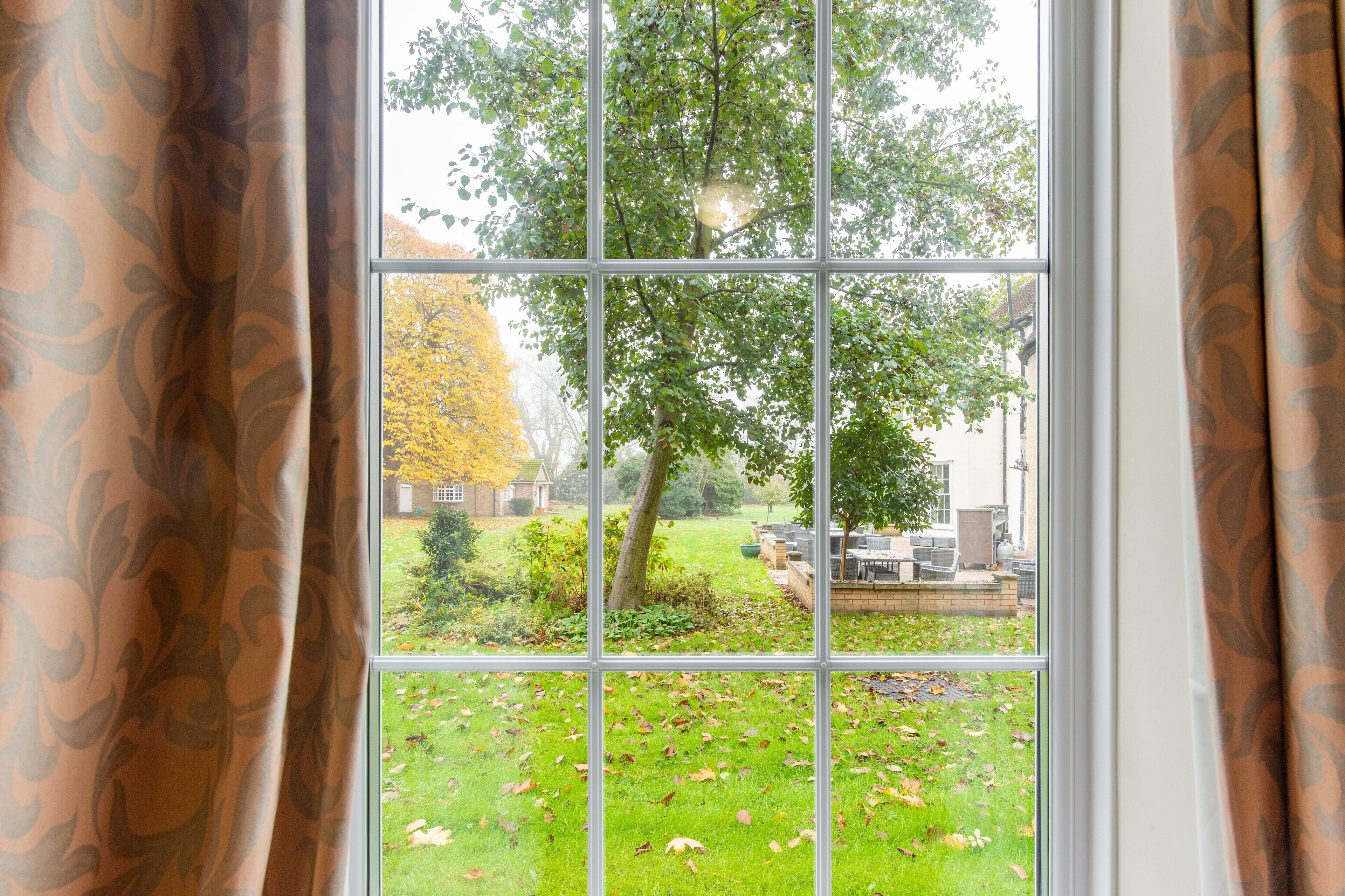 A window with a view of a garden and a building.