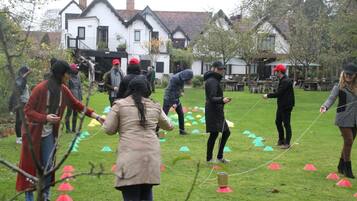 Guests can enjoy team-building activities in our outdoor grassy area.