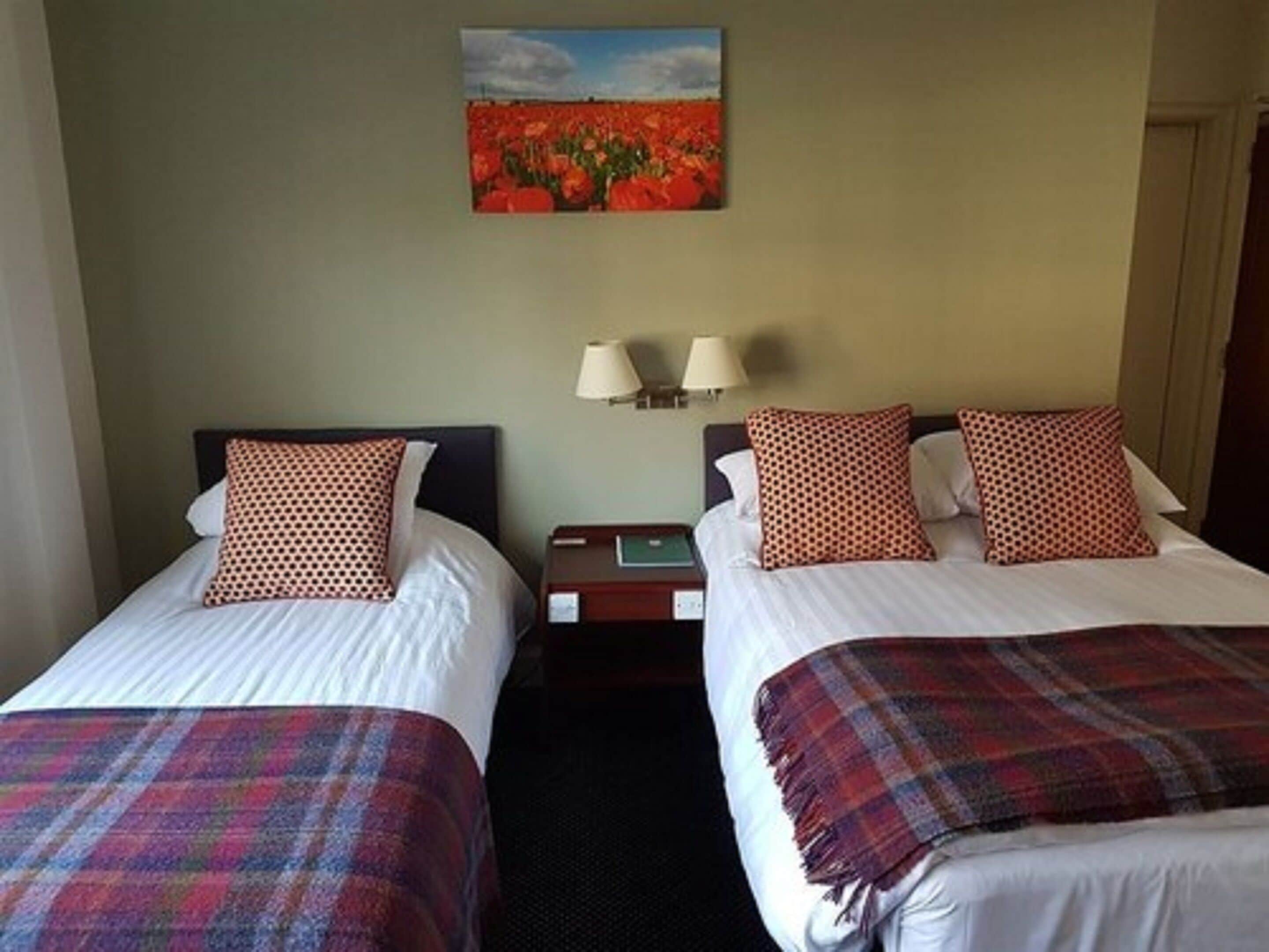 A hotel room with two beds, each with a plaid blanket and matching pillows. There is a painting of a field of flowers on the wall, and two bedside lamps.