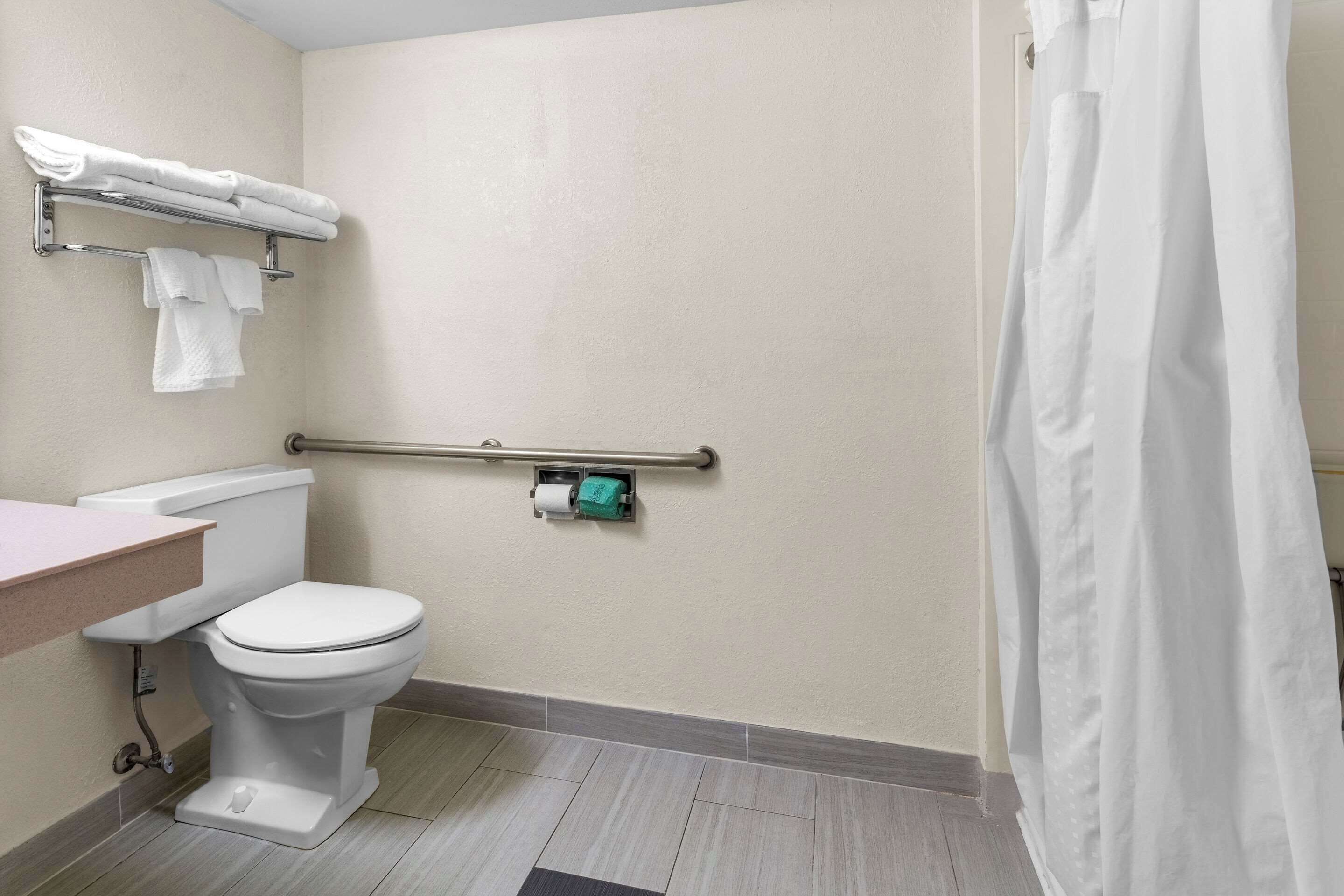 Un baño estándar con inodoro, lavamanos, toallero y cortina de ducha.