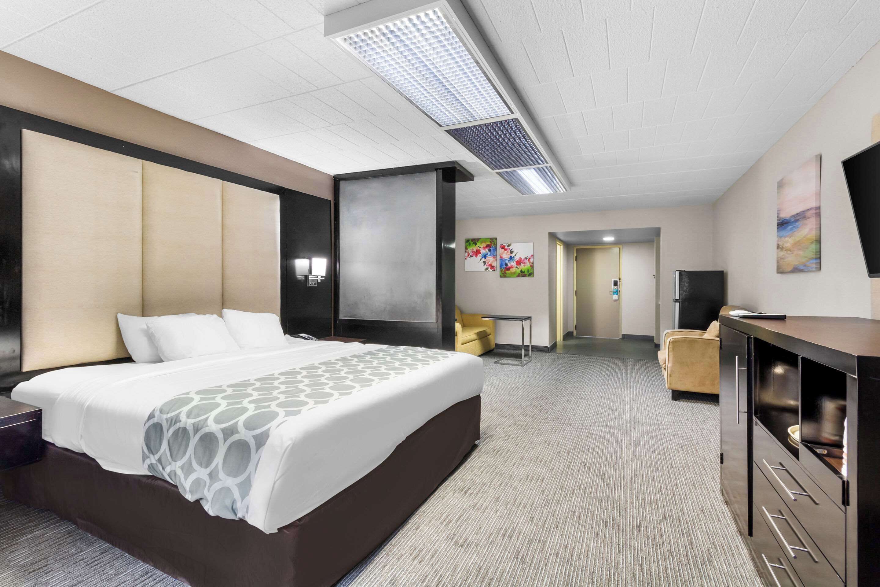 Desk, laptop workspace, blackout drapes, soundproofing