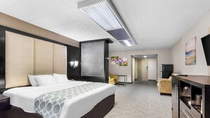 A hotel room with a large bed, a desk, a chair, a television, and artwork on the walls.