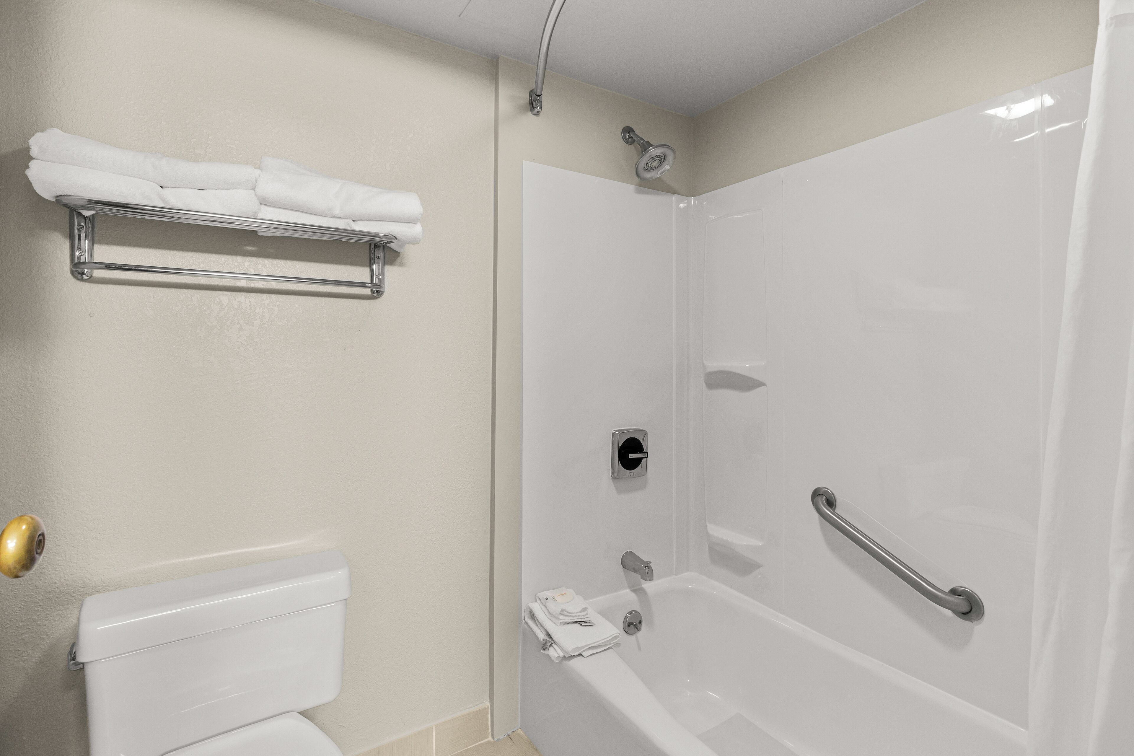 A bathroom with a toilet, a shower with a grab bar, and a towel rack.