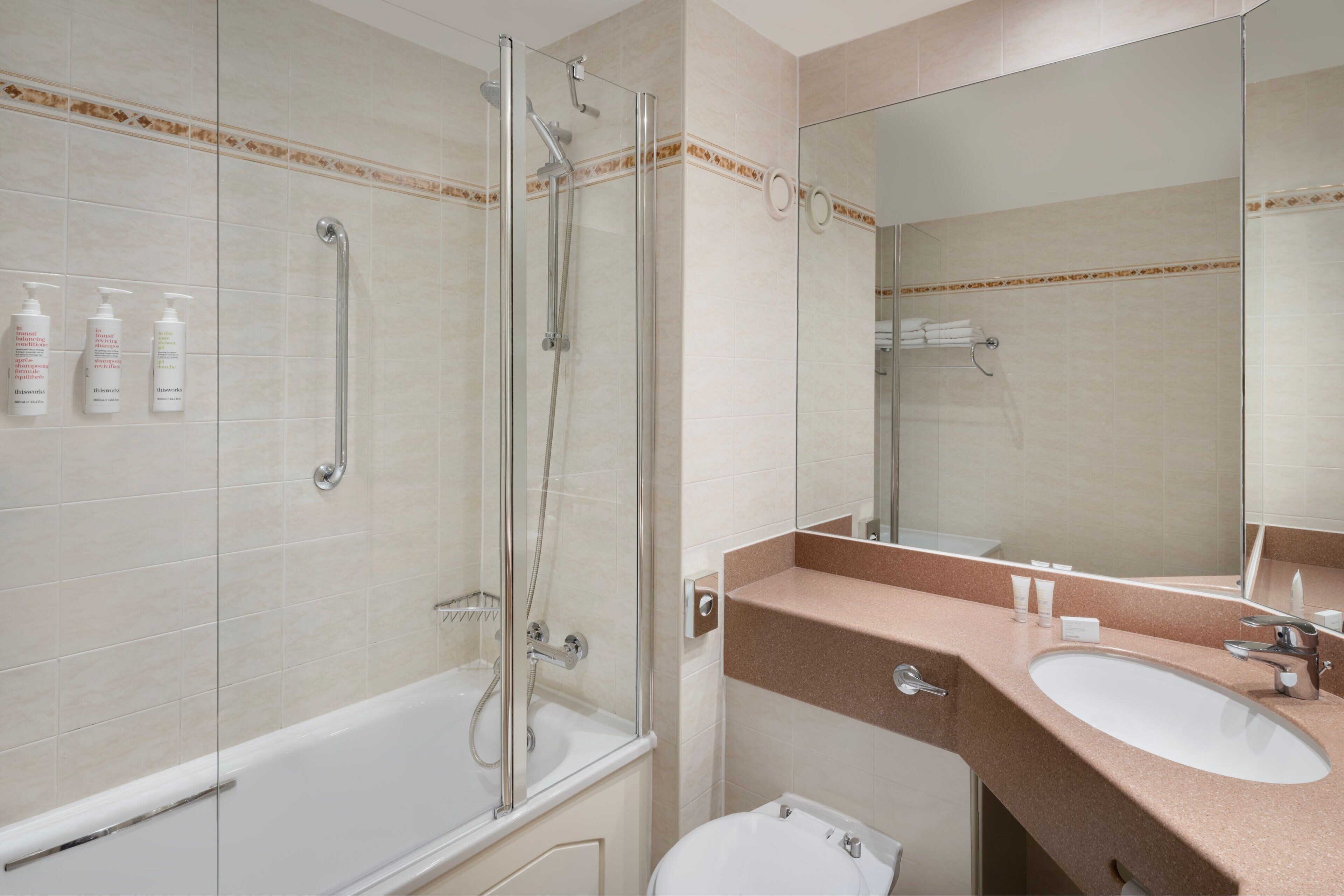 combined shower/bathtub, free toiletries, hair dryer, towels