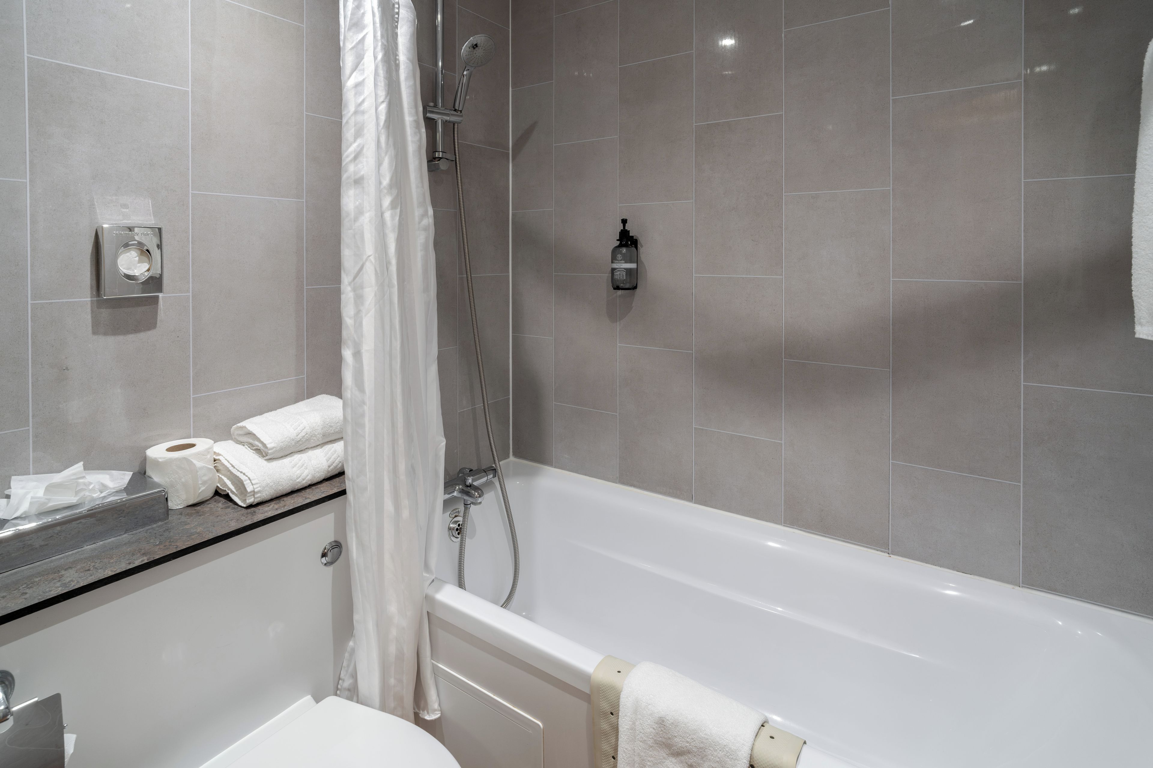 A modern bathroom with a bathtub, shower, and toilet.