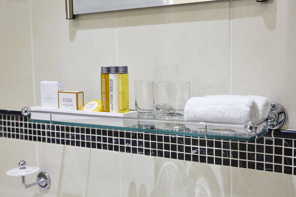 single room | bathroom | combined shower/bathtub, designer toiletries, hair dryer, towels