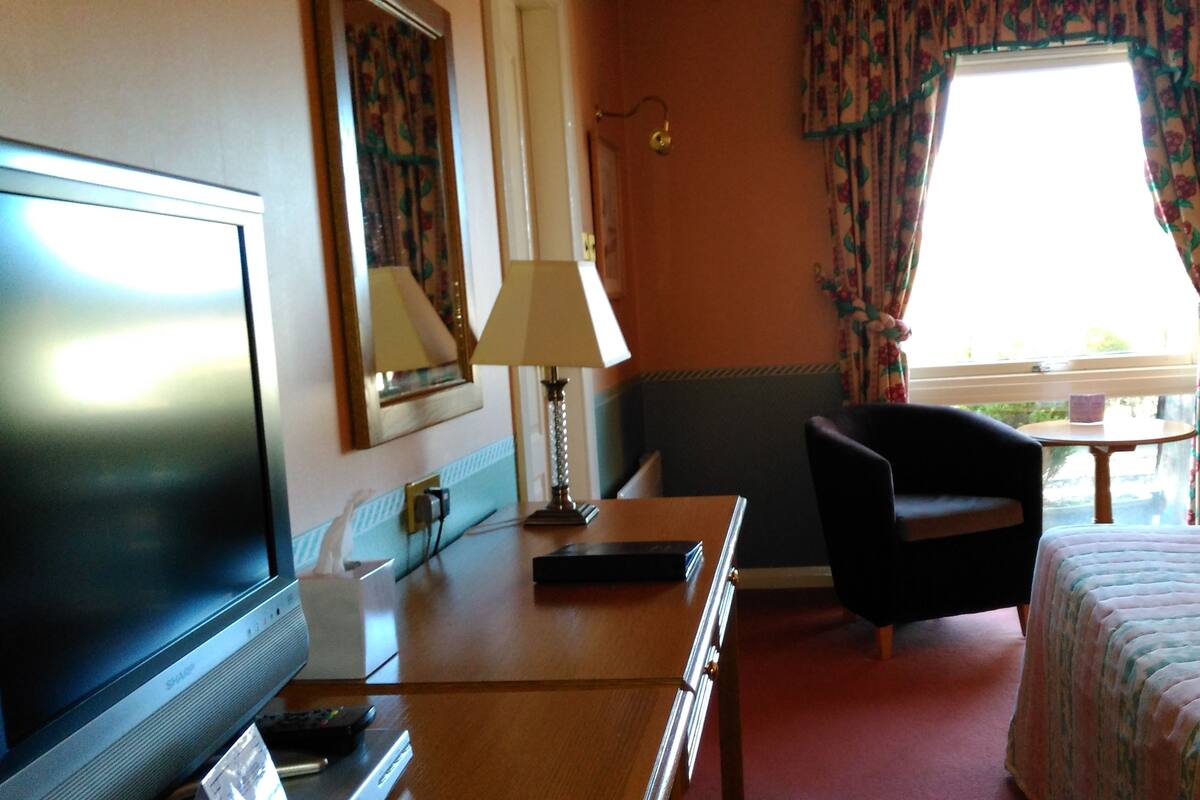 A hotel room with a television, a desk with a lamp, two chairs, a bed, and a window with curtains.