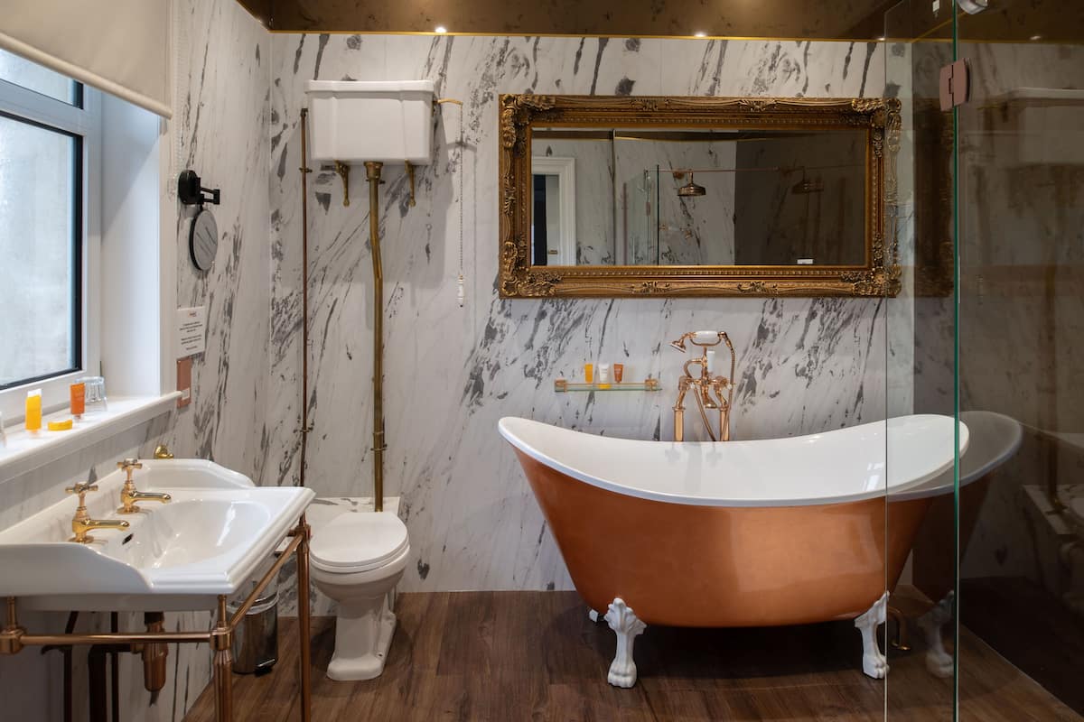 combined shower/bathtub, free toiletries, hair dryer, towels