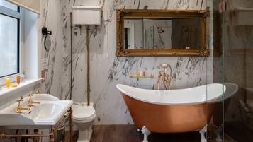 Combined shower/tub, free toiletries, hair dryer, towels