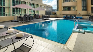A rooftop swimming pool with lounge chairs and umbrellas, surrounded by modern buildings.
