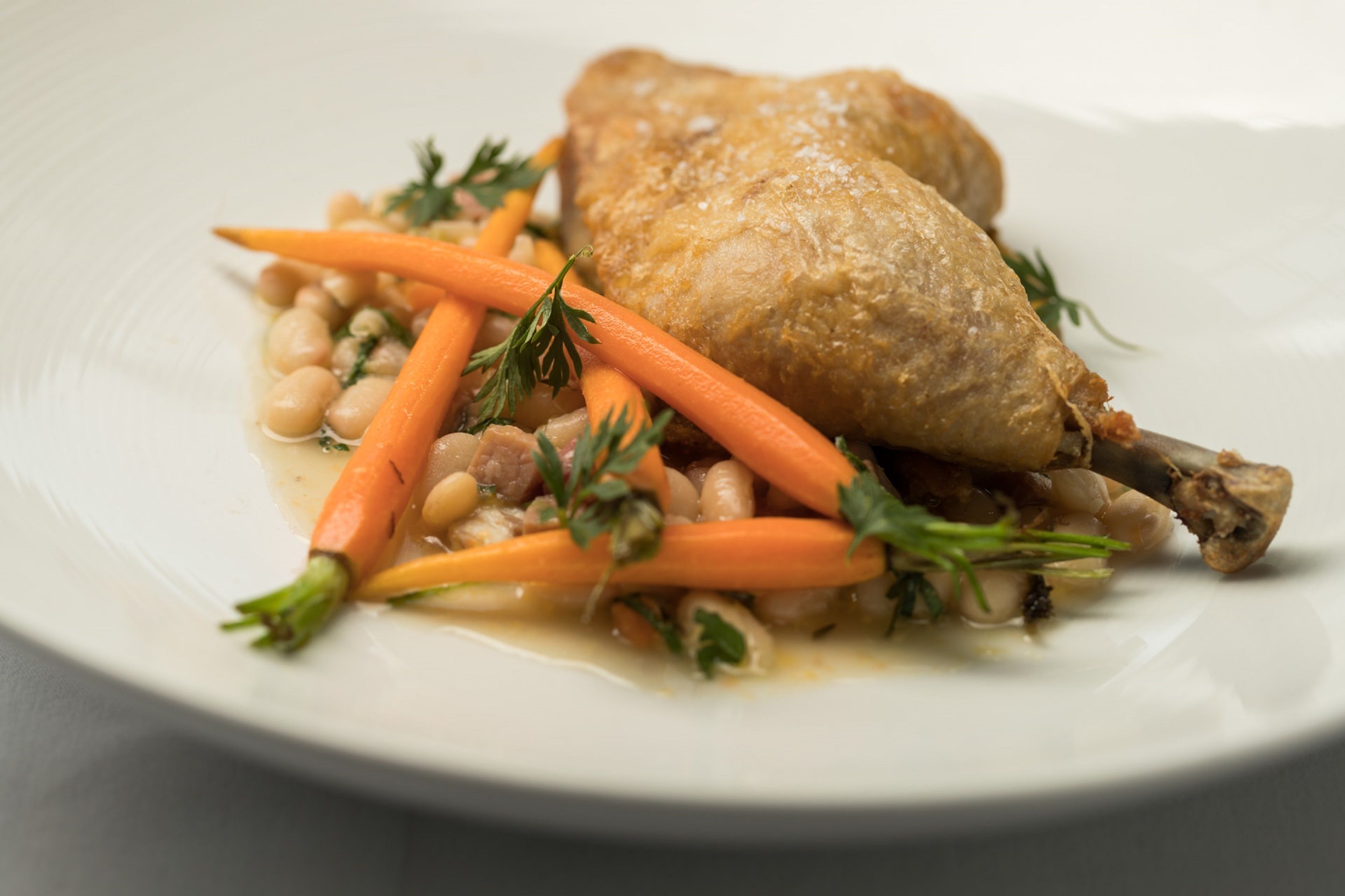 A plate with a roasted chicken leg, carrots, and beans.