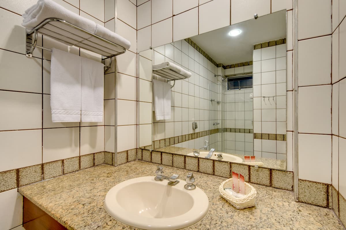 Shower, rainfall showerhead, designer toiletries