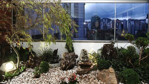 A serene indoor garden with a variety of plants, rocks, and a small water feature, viewed through a large window overlooking a cityscape. - Cheverny Apart Hotel (Belo Horizonte)