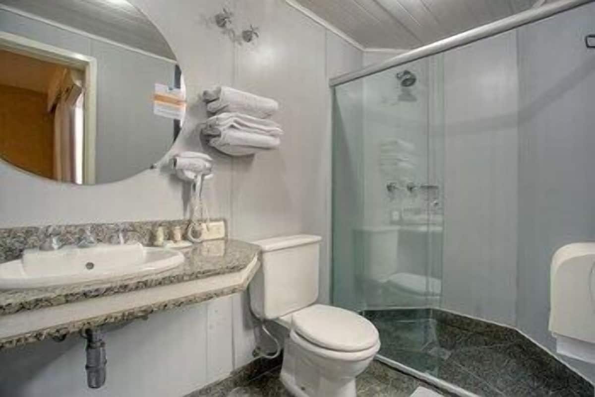 A bathroom with a sink, toilet, and glass shower enclosure.