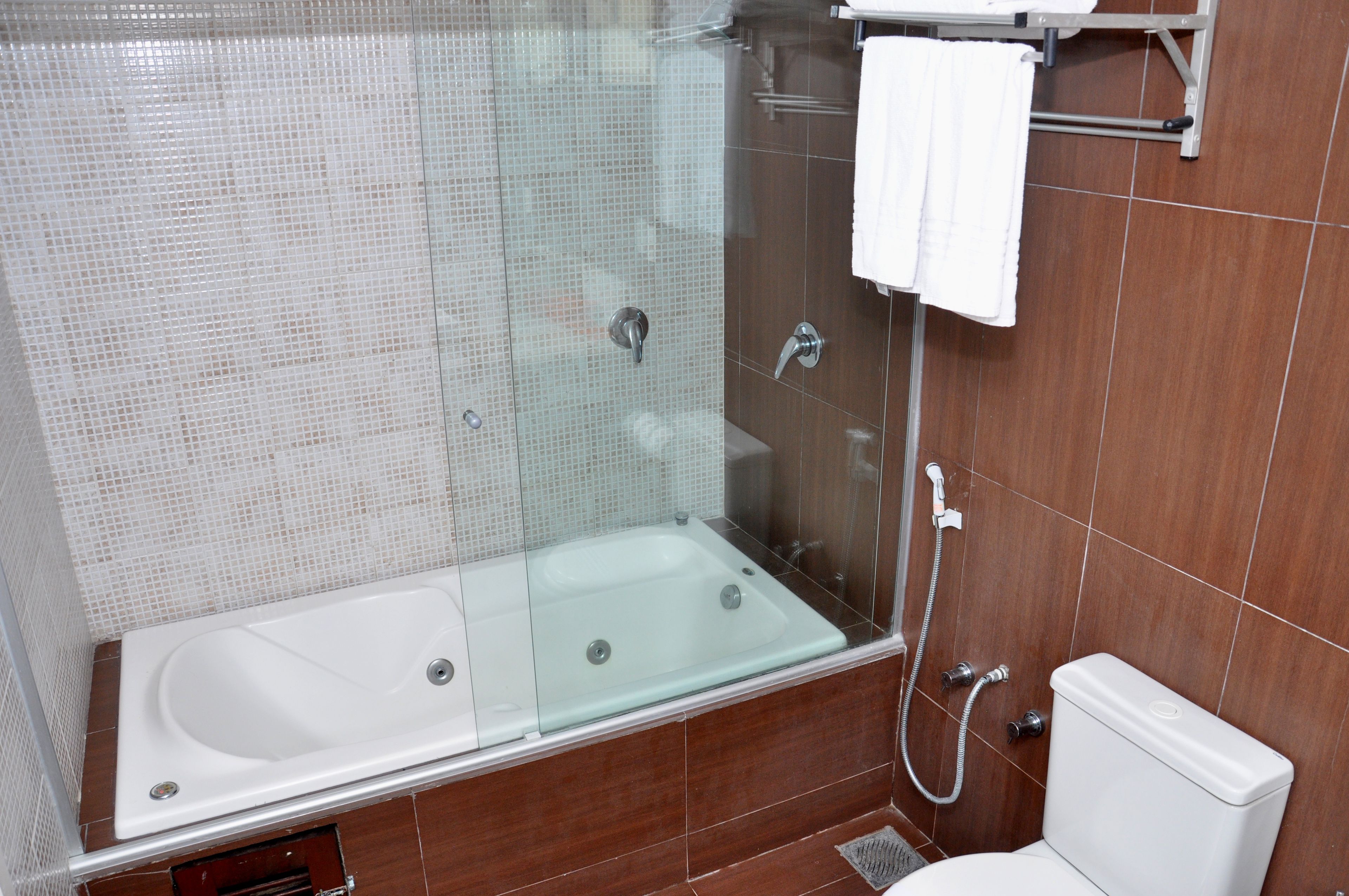 Un baño moderno con ducha envuelta en vidrio, una bañera blanca y un inodoro.