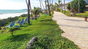 A pathway lined with palm trees leading to a beach with lounge chairs. - GoldMen Vila do Mar Natal (Natal)