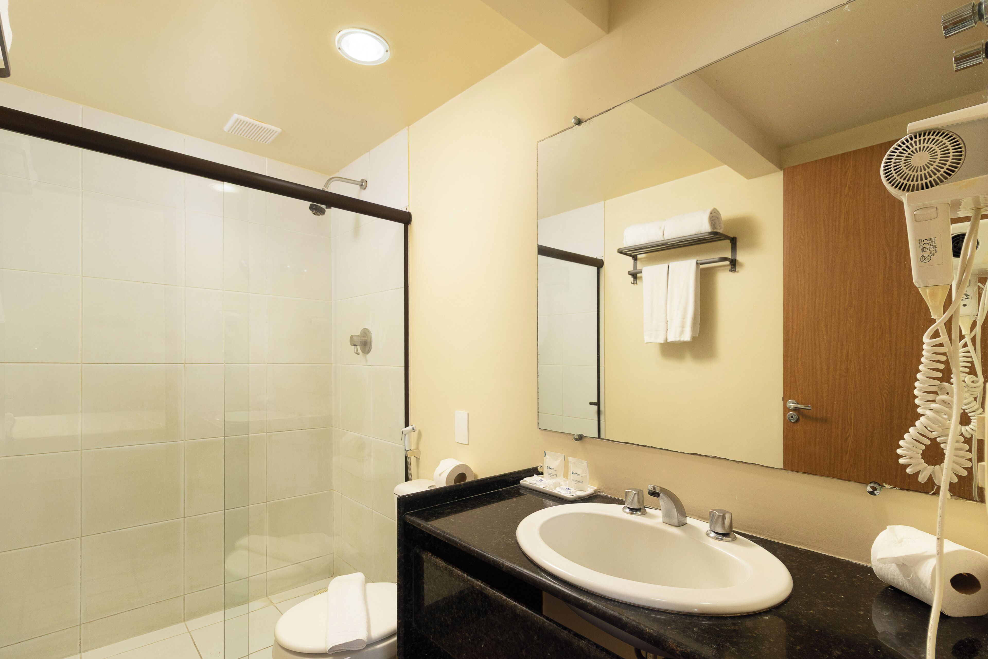 A bathroom with a glass shower enclosure, a sink with a black countertop, a mirror, and a hairdryer.
