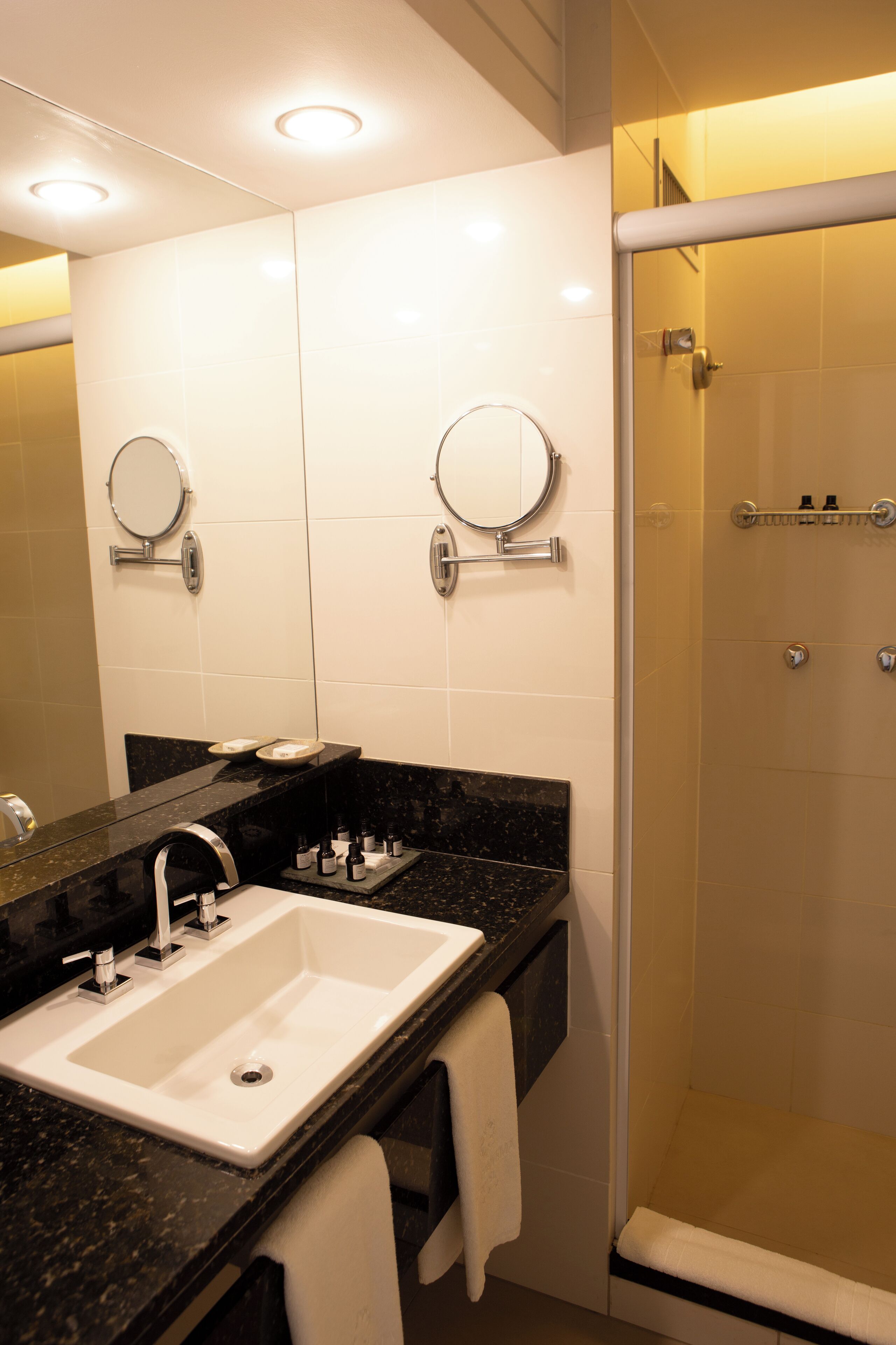 shower, slippers, towels, soap