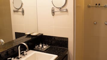 Shower, slippers, towels, soap