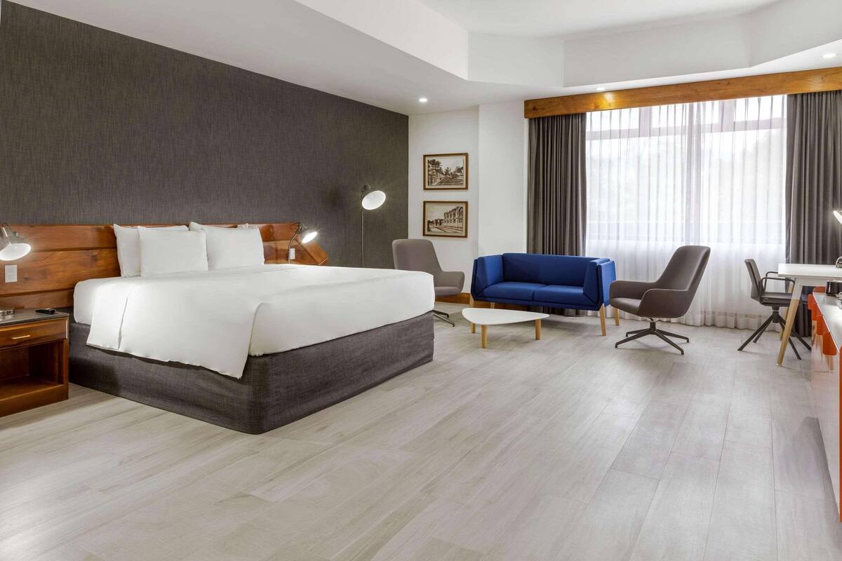 A hotel room with a large bed, a desk, two chairs, and a blue sofa.