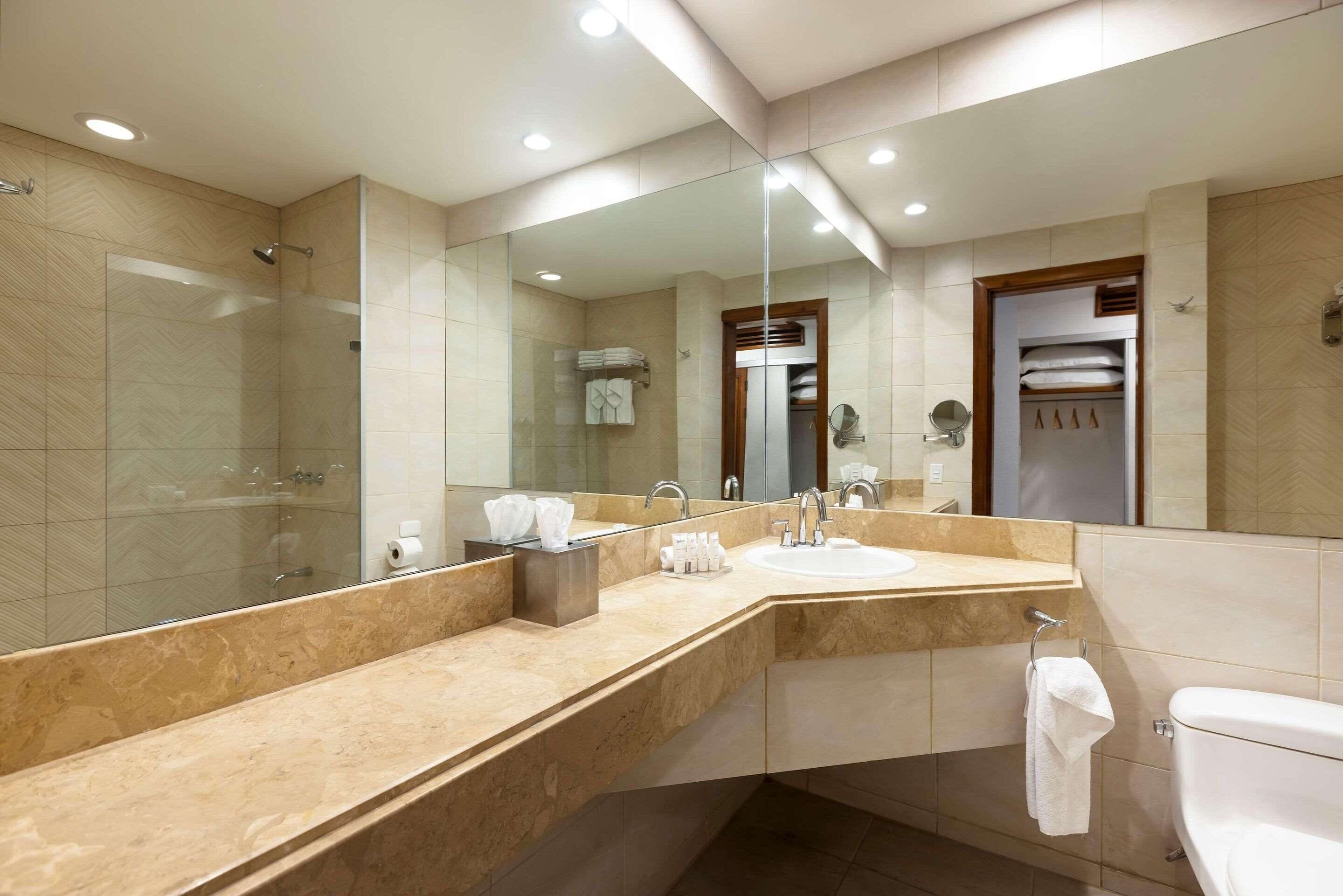 combined shower/bathtub, free toiletries, hair dryer, towels