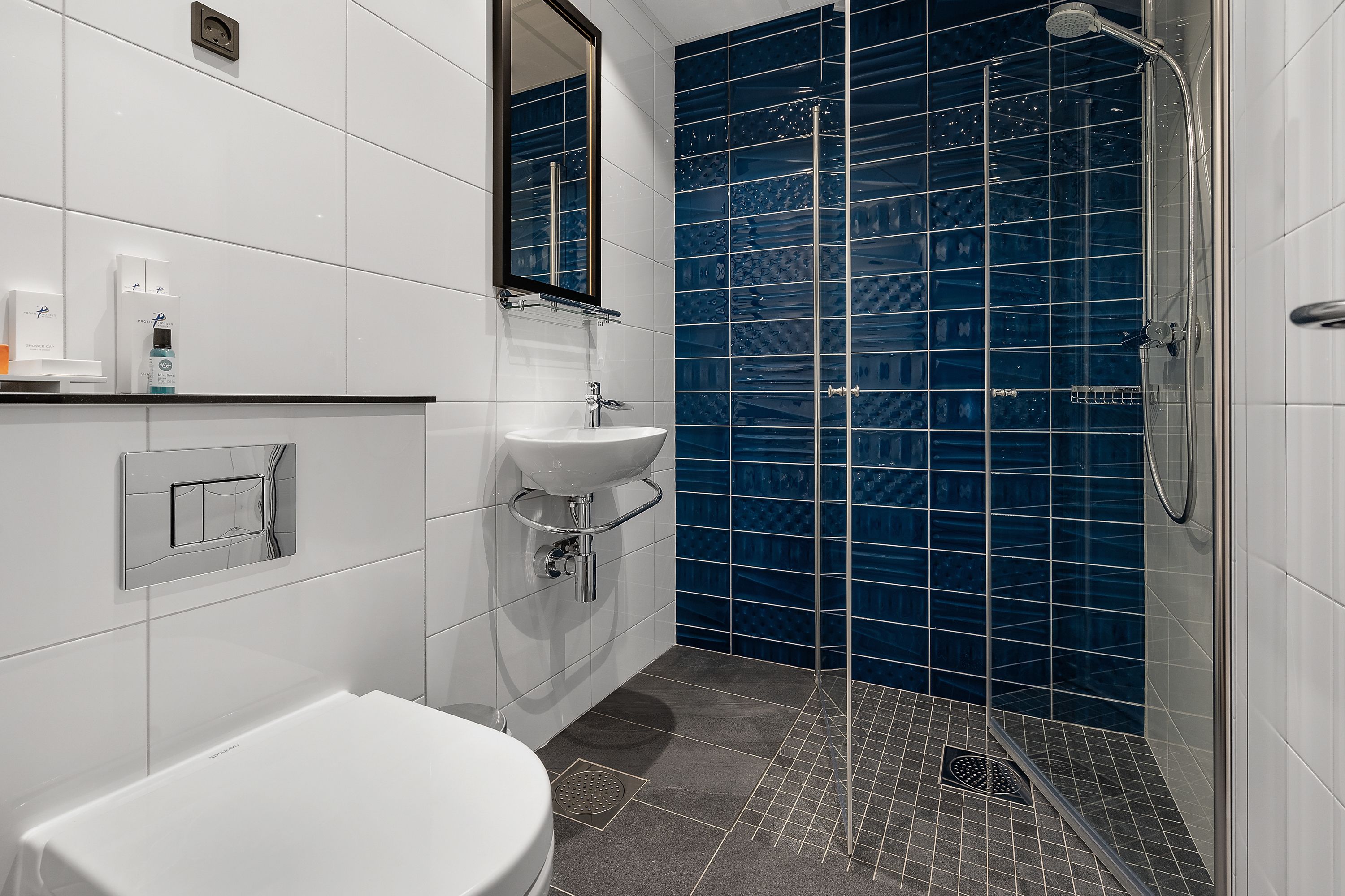 eco-friendly toiletries, hair dryer, towels