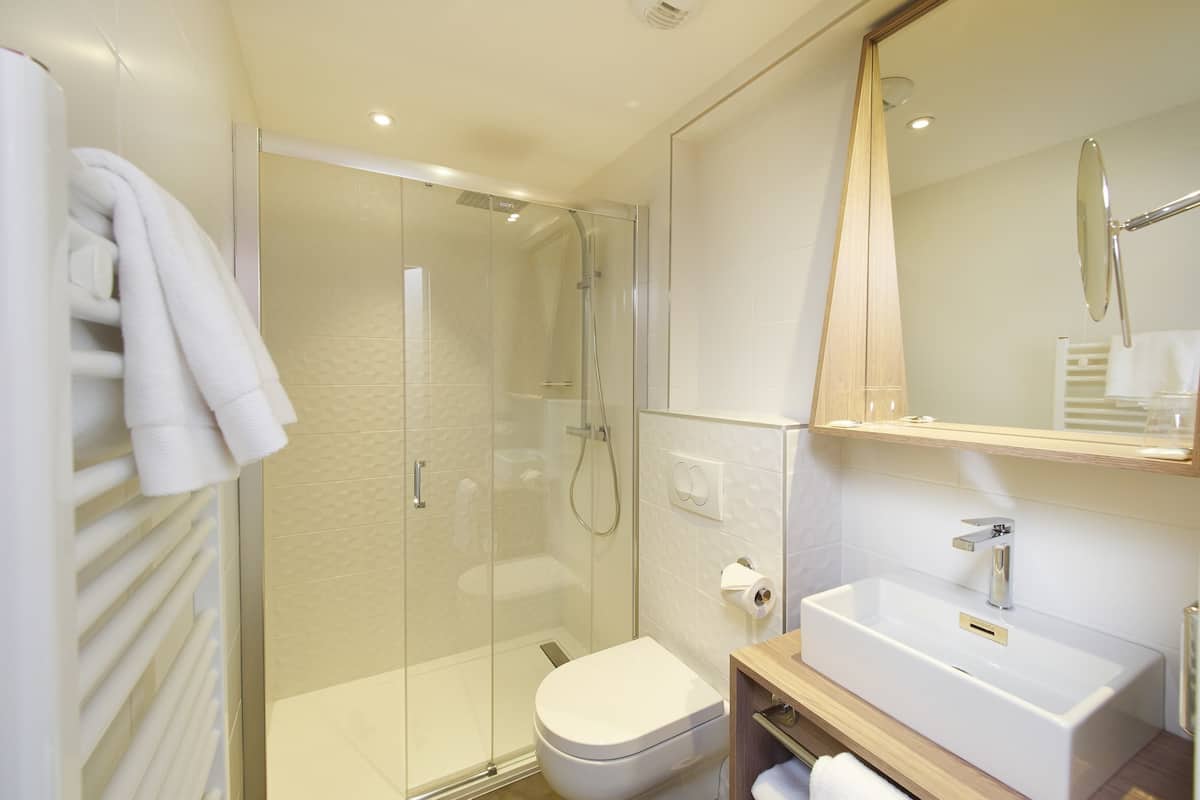 shower, eco-friendly toiletries, hair dryer, towels