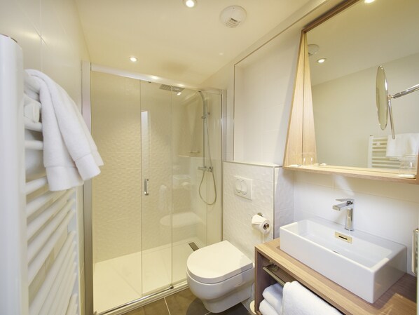 A modern bathroom with a glass-enclosed shower, a white toilet, and a vanity with a sink.