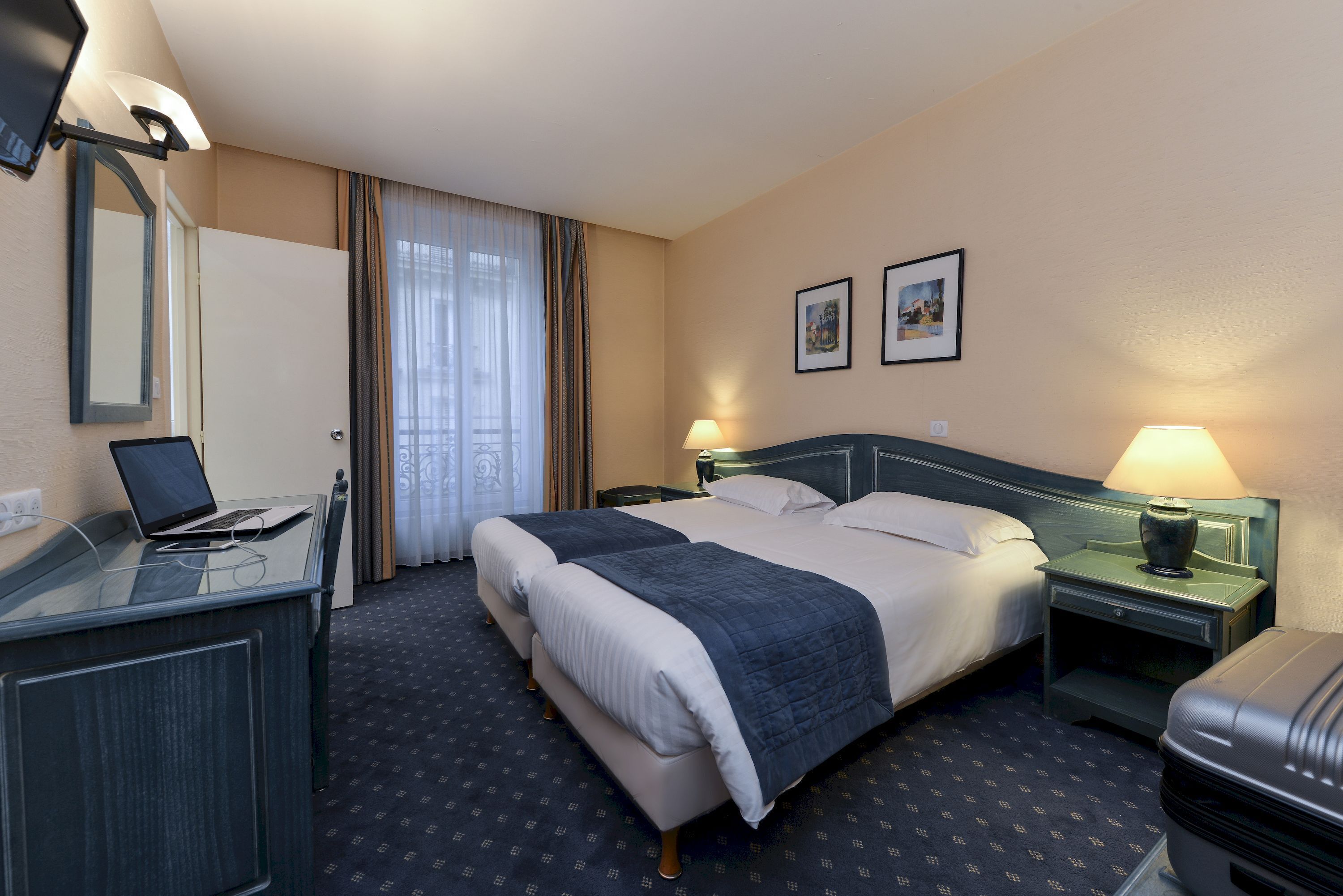 twin room | in-room safe, desk, laptop workspace, soundproofing