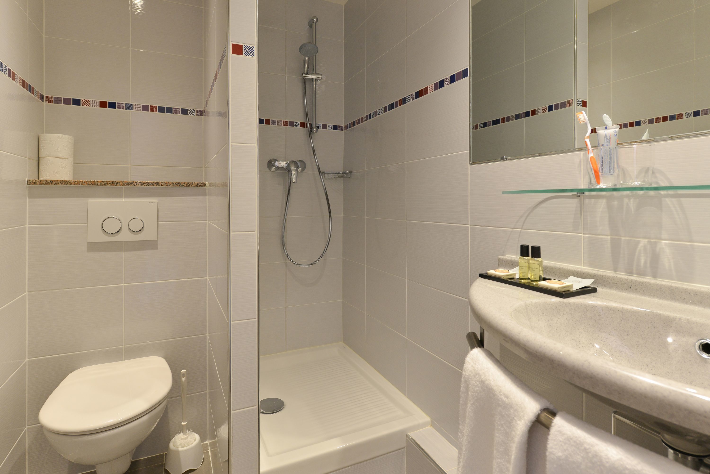 free toiletries, hair dryer, towels