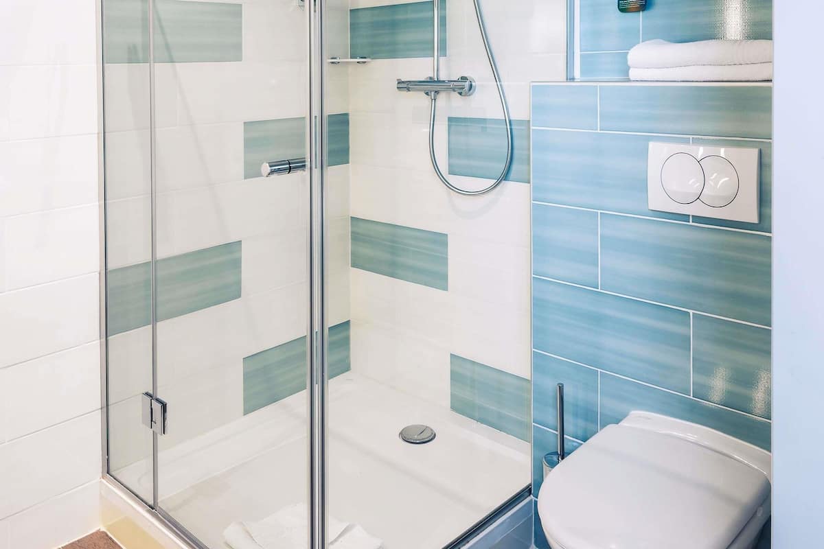 A bathroom with a glass shower enclosure, a white toilet, and a towel rack.