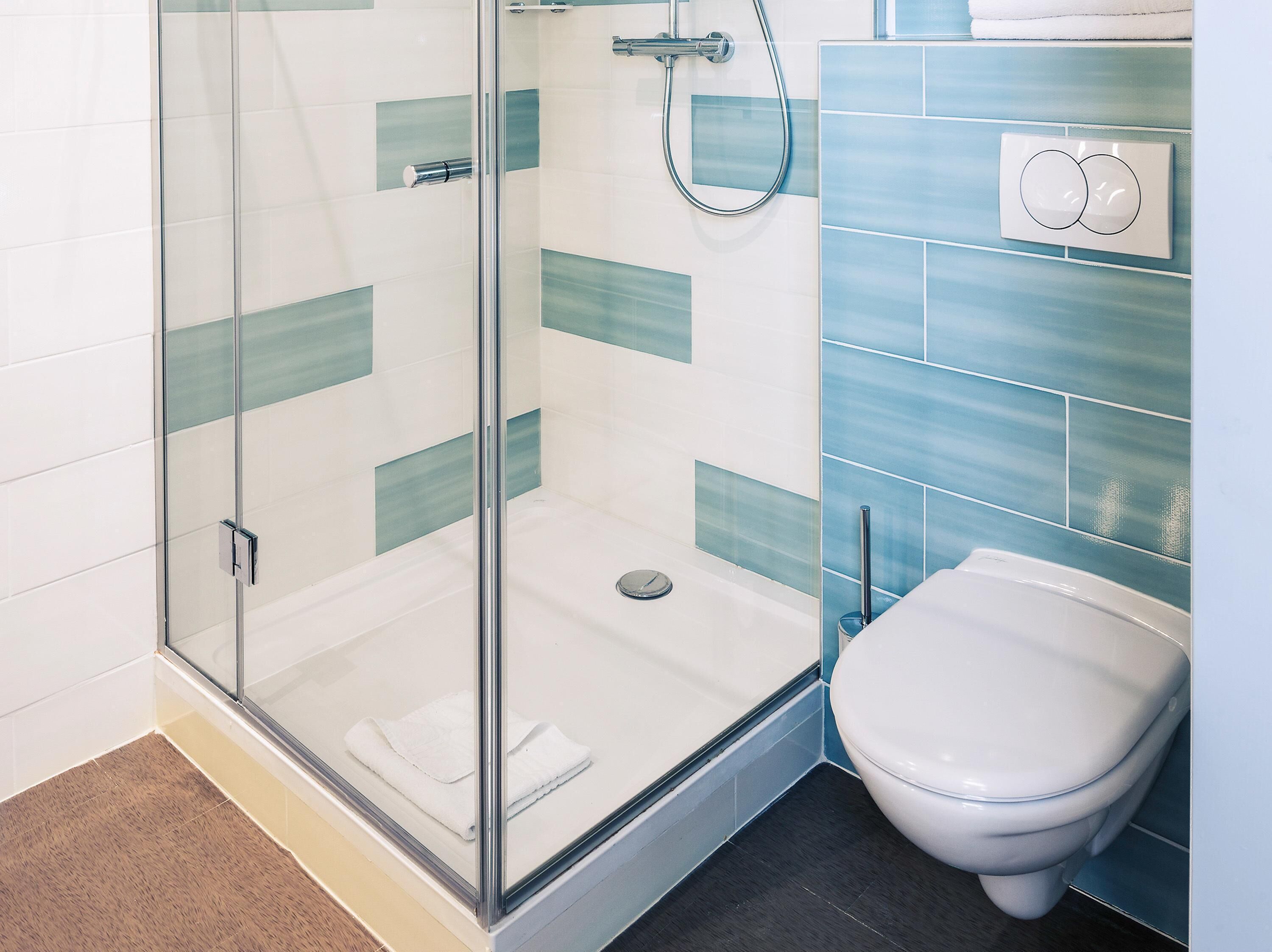 A bathroom with a glass-enclosed shower, a toilet, and a towel rack.