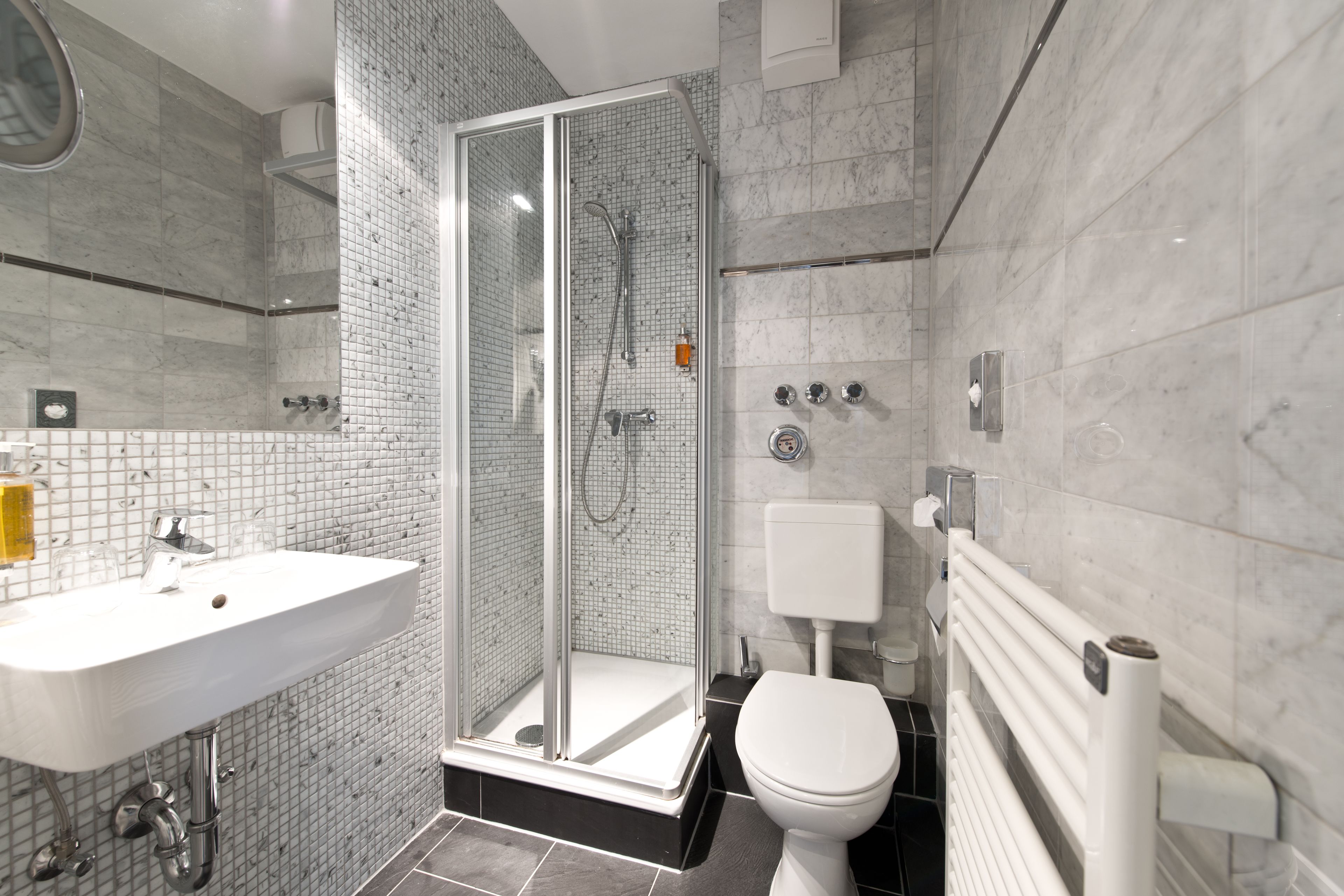 standard double room | bathroom | shower, hair dryer, towels