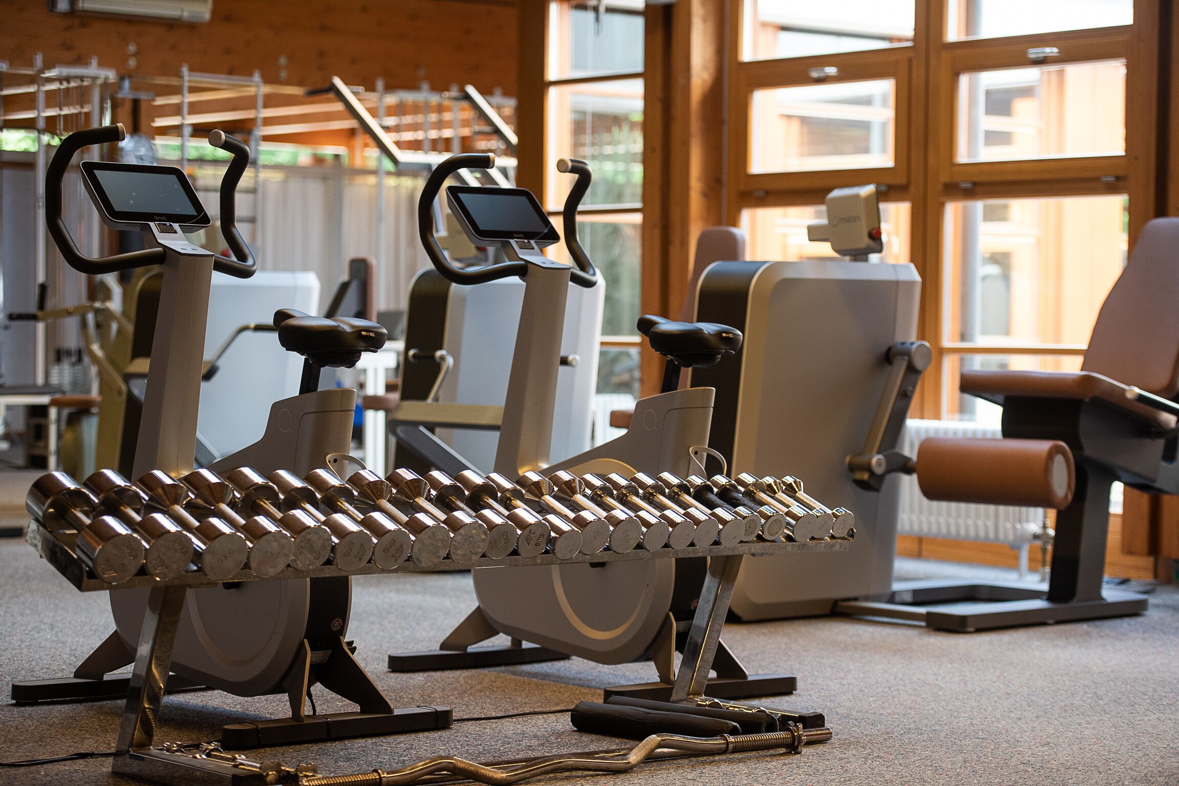Ein Fitnessstudio mit Trainingsgeräten, darunter Laufbänder und ein Kraftgerät, sowie ein Hantelgestell.