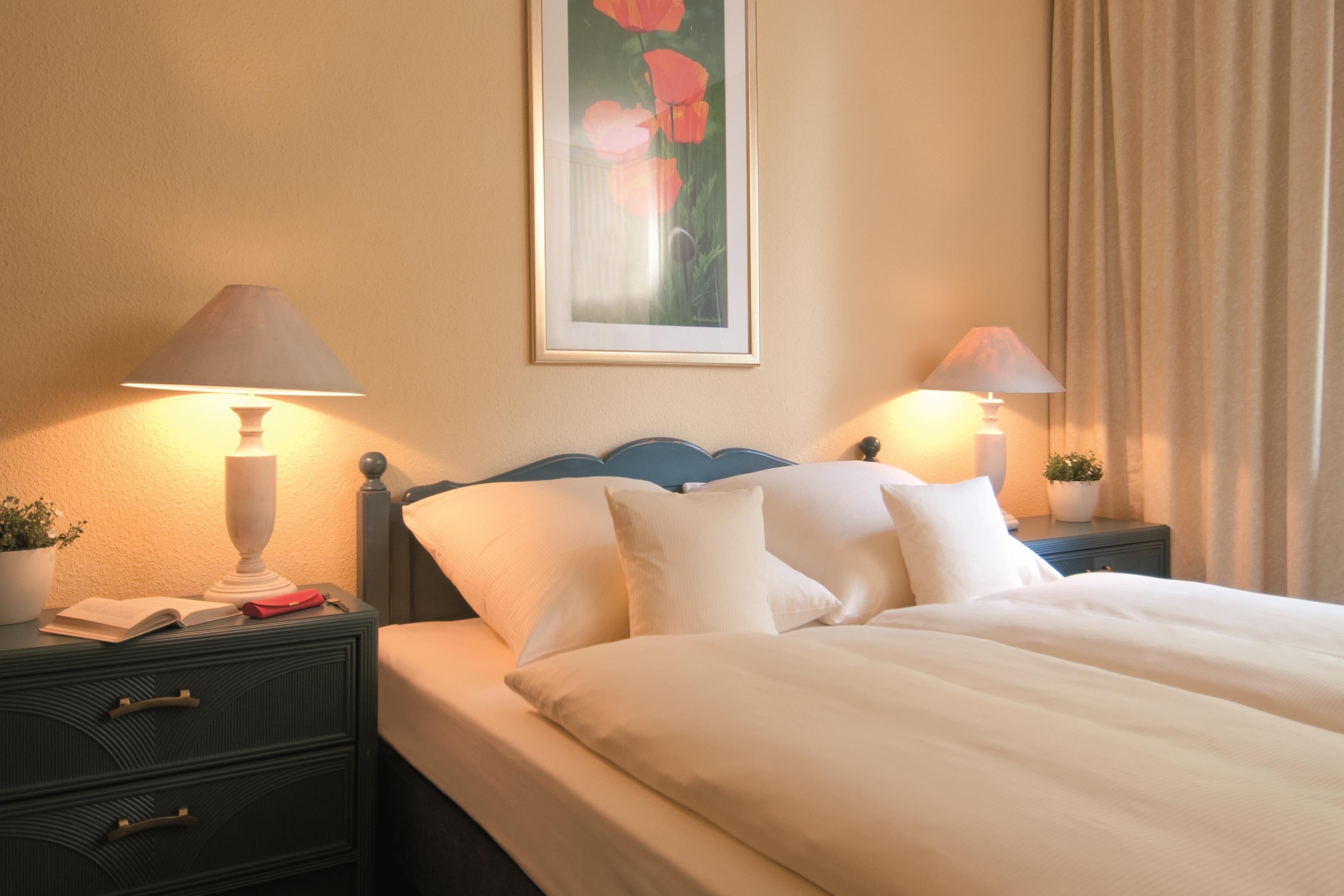 A hotel room with a bed, two bedside tables with lamps, a nightstand with a book and a red object, a framed picture on the wall, and a potted plant on the nightstand.