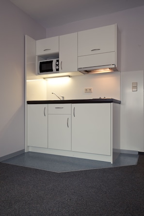 Kühlschrank, Mikrowelle, Herdplatte, Kochgeschirr/Geschirr/Besteck