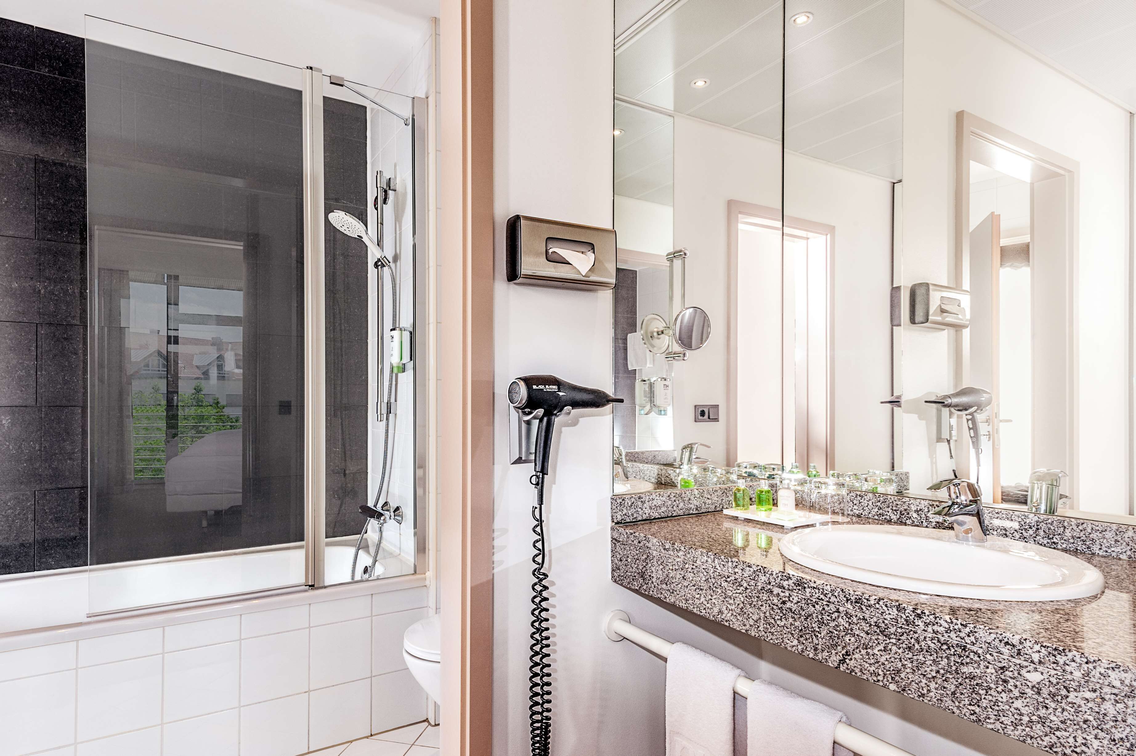 eco-friendly toiletries, hair dryer, towels, toilet paper