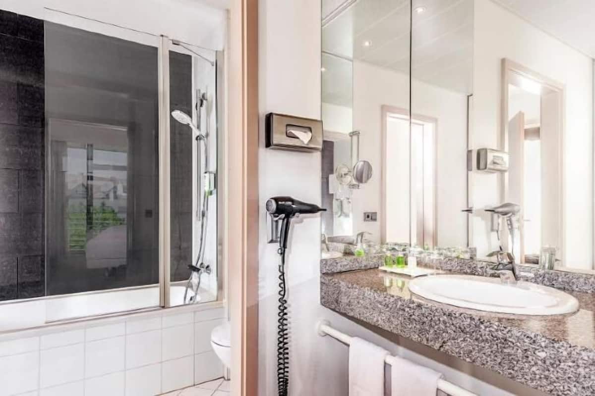 Eco-friendly toiletries, hair dryer, towels, toilet paper